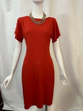 Laundry By Shelli Segal Bright Orange Red Midi Dress with Ruffle Split Sleeves
